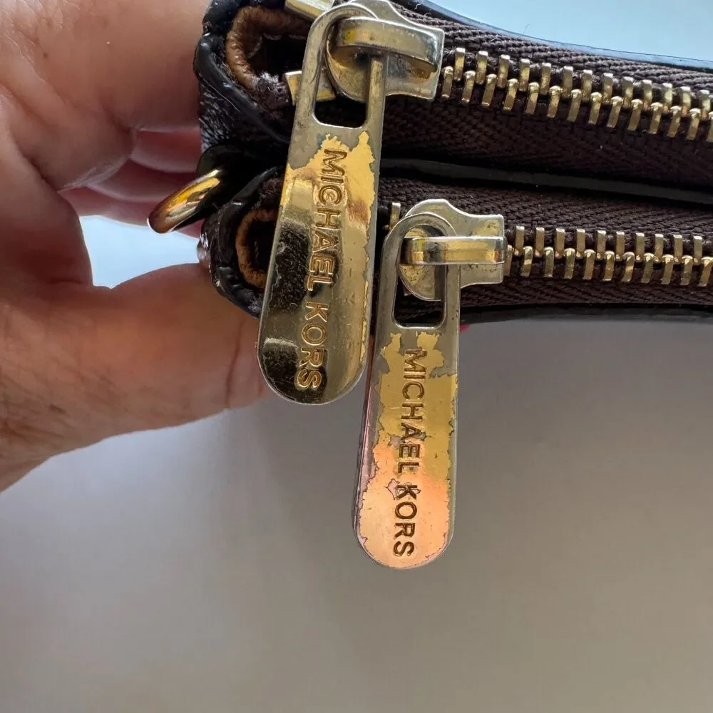 Michael Kors Bedford Double Zip Clutch Dark Brown Logo Signature Monogram